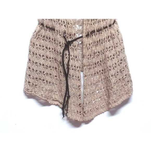 womens Cardigan Sweater Sz M Crocheted Taupe Tan Open Knit belted short sleeve - Picture 5 of 11